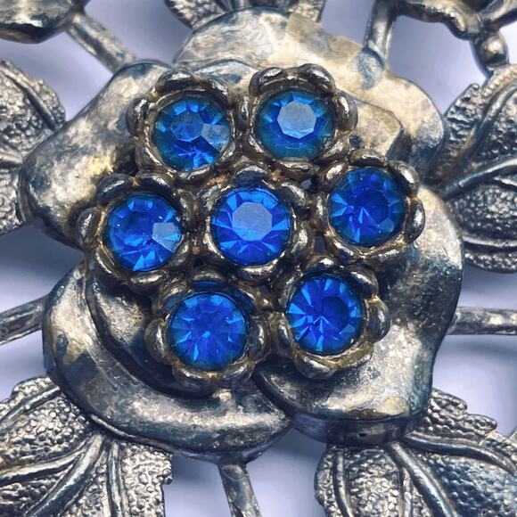 Vintage Mid Century Signed Little Nemo Floral Brooch Blue Rhinestone Flower Leaf - Picture 4 of 10